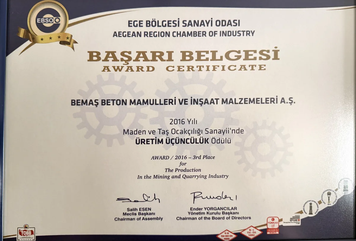 2016 EBSO maden ve taş ocakçılığı sanayi üretim üçüncülük ödülü başarı belgesi