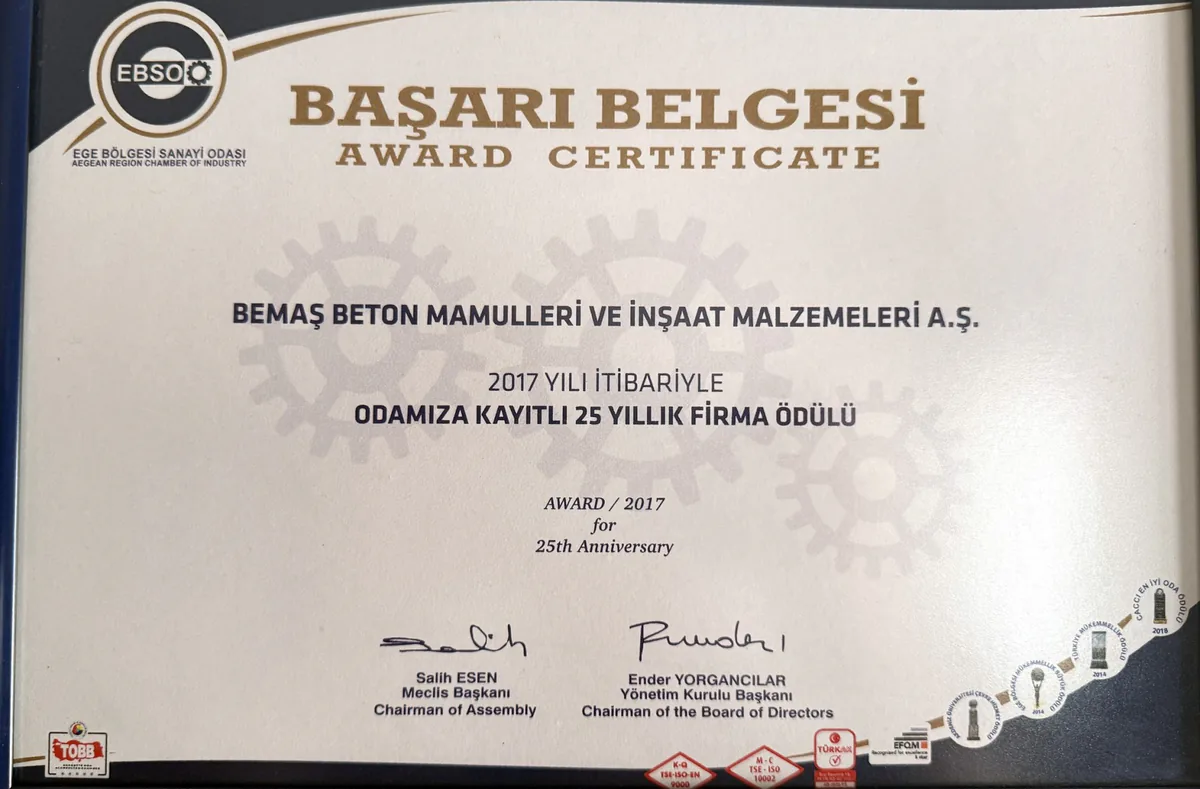 2017 EBSO odaya kayıtlı 25 yıllık firma ödülü başarı belgesi
