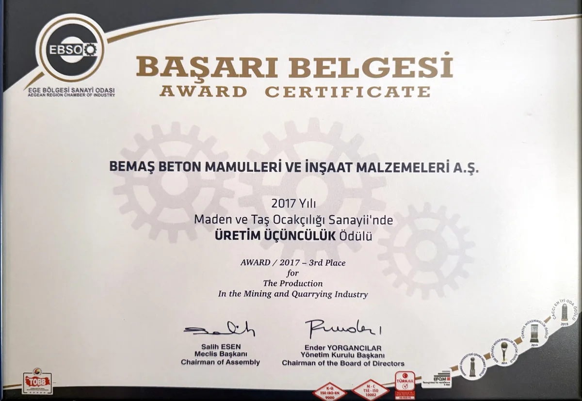 2017 EBSO maden ve taş ocakçılığı sanayi üretim üçüncülük ödülü başarı belgesi
