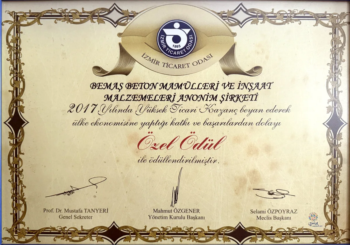 2017 İzmir Ticaret Odası özel ödül belgesi